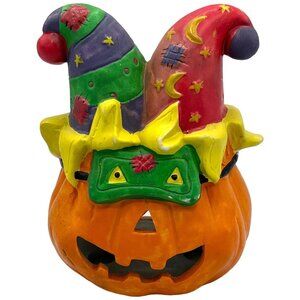 Ceramic Halloween Mardi Gras Jester Pumpkin Jack-O-Lantern Tea Light Holder